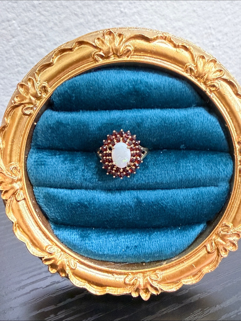 Vintage 10k Yellow Gold Oval Opal and Garnets Ring 6.5
